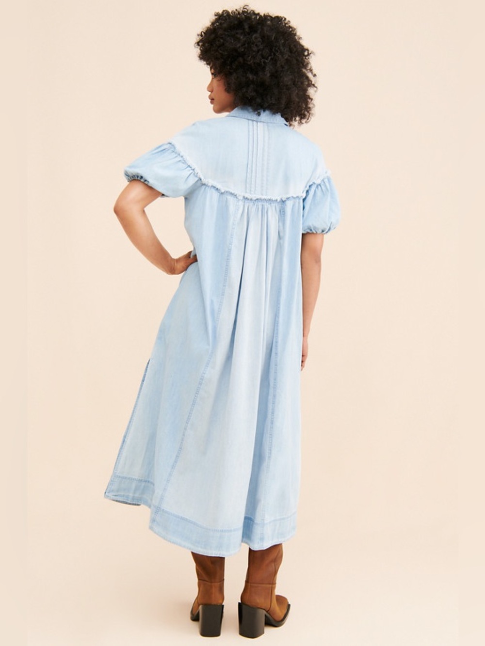 Free People Light Blue Puff-Sleeve Button-Front Midi Dress - Picture 2 of 6